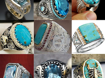 Bulk Lots: 220pcs  Men's Engraved Pattern Vintage Egg Shape Aquamarine Ring