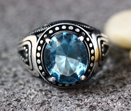 220pcs  Men's Engraved Pattern Vintage Egg Shape Aquamarine Ring
