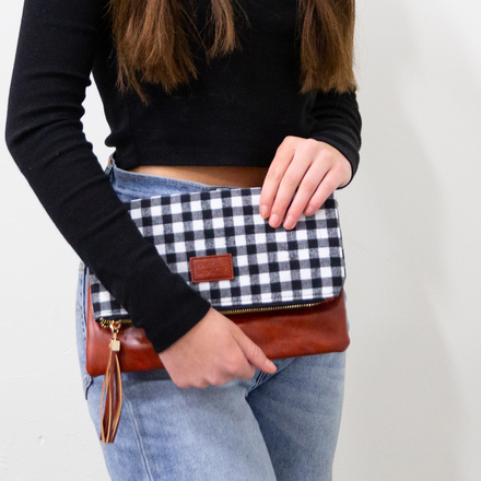 100 pcs Foldover Clutch - Buffalo Check w Faux Brown leather