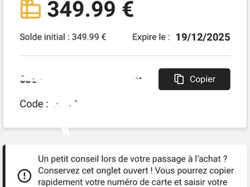 Vente: Carte Avoir FNAC (349,99€)