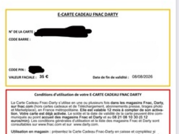 Vente: 2 e-Cartes cadeaux Fnac Darty (70€)
