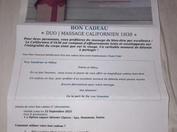Vente: Bon cadeau Thala'club (Angers) - massage 1h30 (220€)