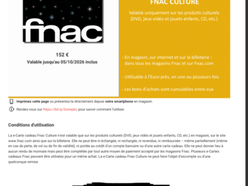 Vente: e-Carte cadeau Fnac Culture (152€)