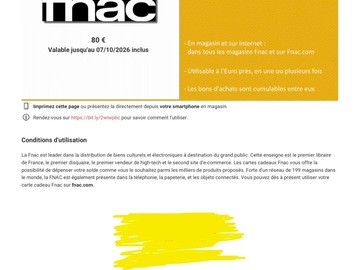 Vente: e-Carte cadeau Fnac (80€)
