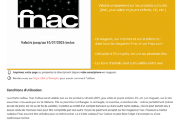 Vente: e-Carte cadeau Fnac Culture (200€)