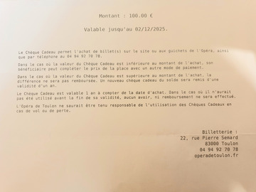 Vente: Chèque cadeau Opéra de Toulon (100€)