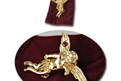 Bulk Lots: 50 pcs-14kt Goldtone Lg. Angel Pin-Genuine Ruby-Velvet Pouch