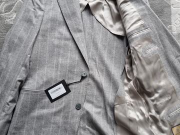 Selling with online payment: Elmhurst Stone Gray Double Chalkstripe Wool and Cashmere