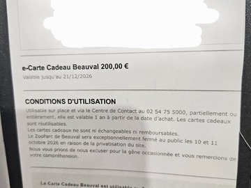 Vente: e-Carte cadeau Zooparc de Beauval (200€)