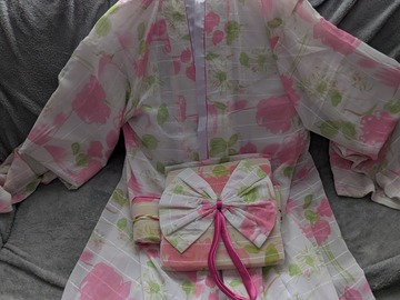 Selling with online payment: White Kimono W/ Pink & Green Flowers (Silver Dragon)