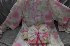 Selling with online payment: White Kimono W/ Pink & Green Flowers (Silver Dragon)