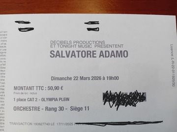 Offering: 2 places concert ADAMO à l'Olympia le 22 mars