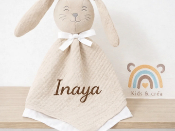 Sale retail: Doudou personnalisé lapin en gaze de coton beige