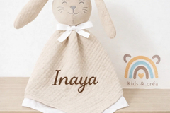 Sale retail: Doudou personnalisé lapin en gaze de coton beige