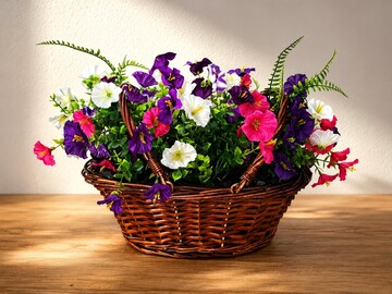Vente: panier en osier avec fleur artificielle bien garnie