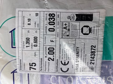 Te koop : Surplus isolation - 5 panneaux laine de verre URSA 75 mm (4,05 m²
